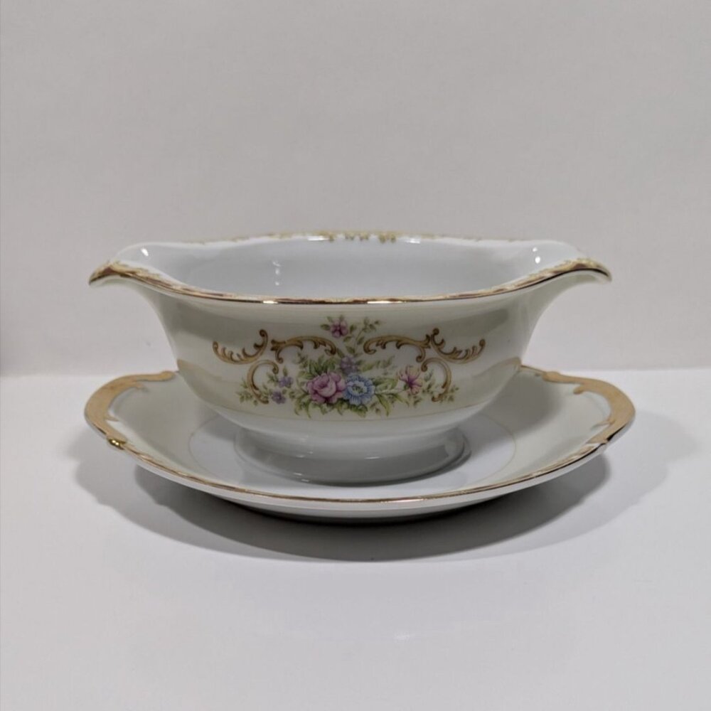 Renwiok Japan Porcelain Gravy Boat Attached Underplate Gold Trim Floral Design